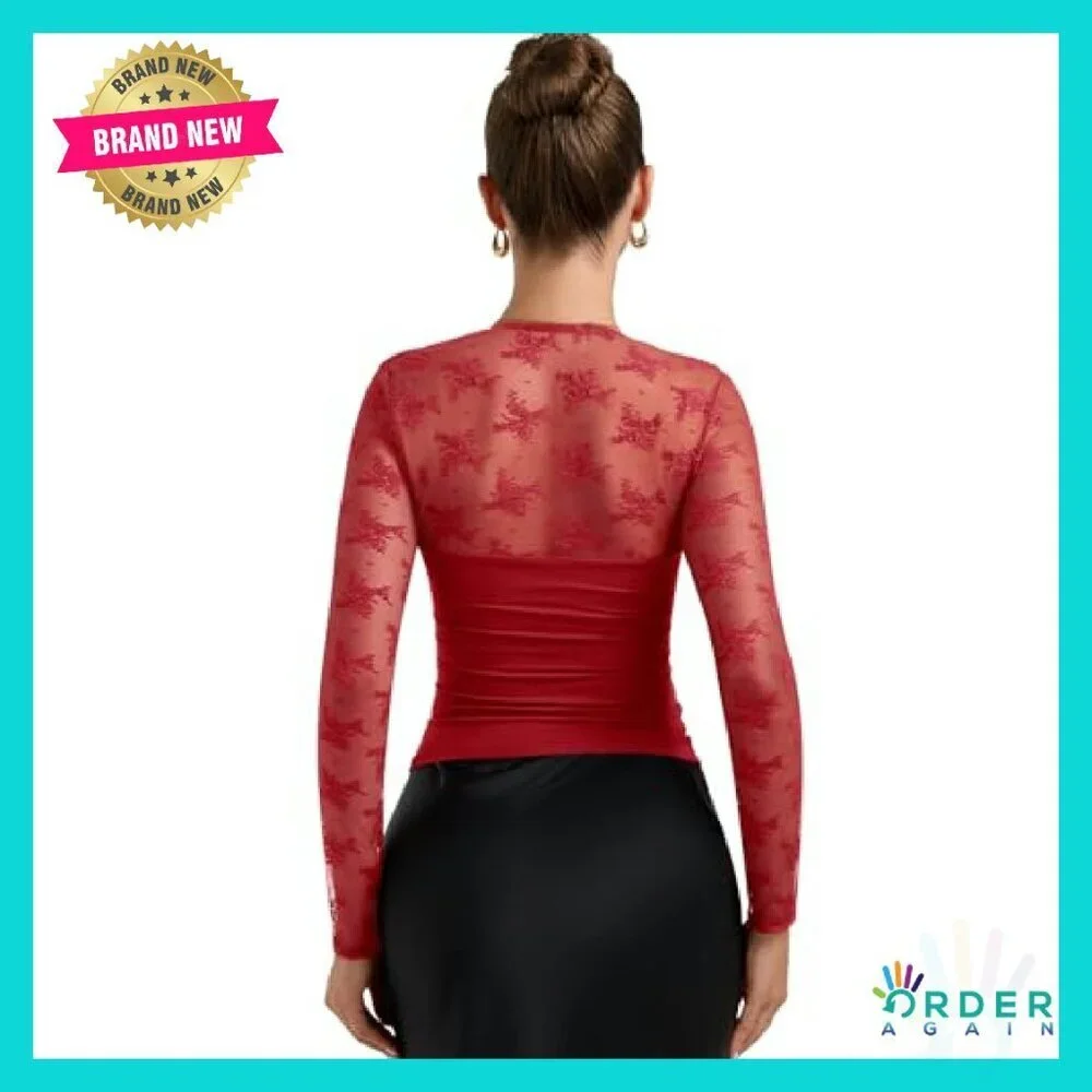 Square Neck Lace Long Sleeve Top Y2K Slim Fit Elegant Going Out Shirt